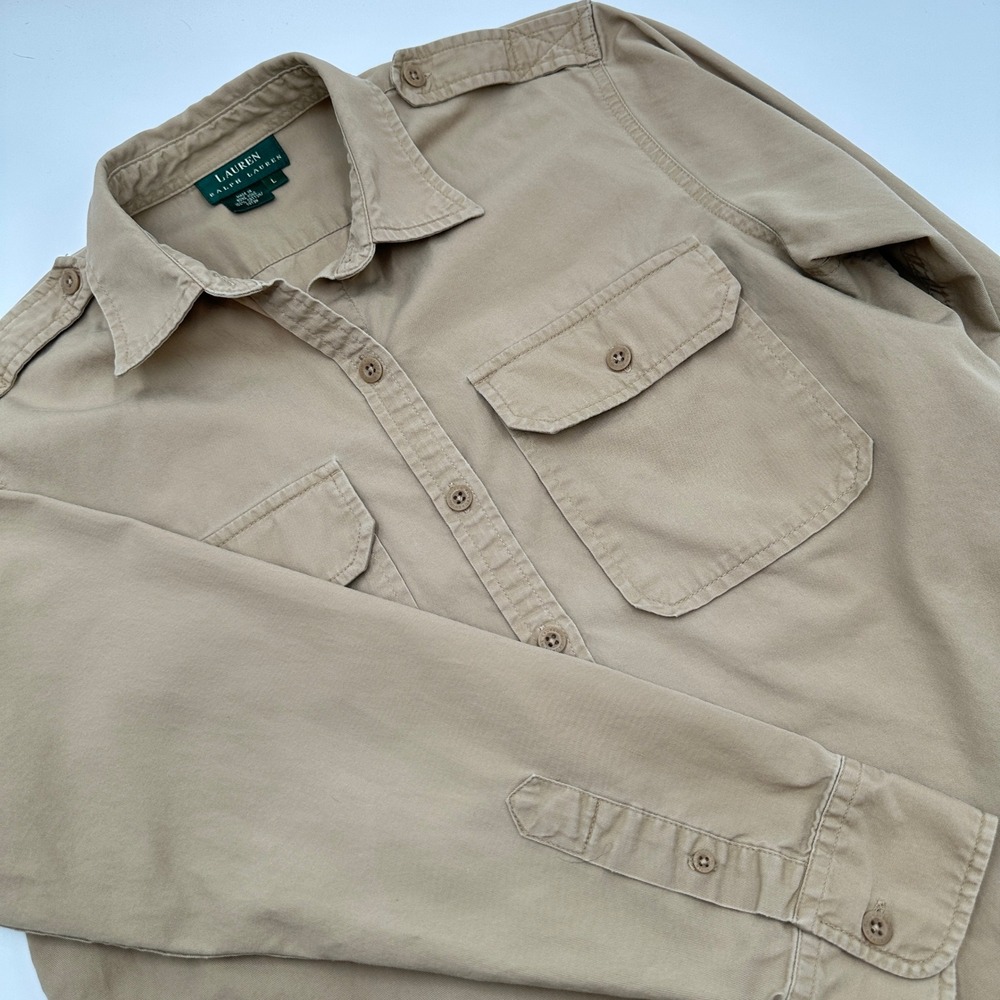 Lauren Ralph Lauren Utility Shirt Womens L Tan Excellent Cotton Safari Military